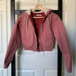 Pacsun Dusty Pink Denim Cropped Jacket with Sherpa Hoodie